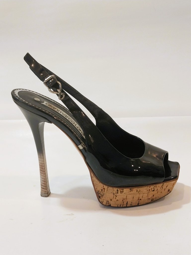 Gianmarco Lorenzi Platform Heels Shoes Womens 7 Black Patent Ultra High Stiletto